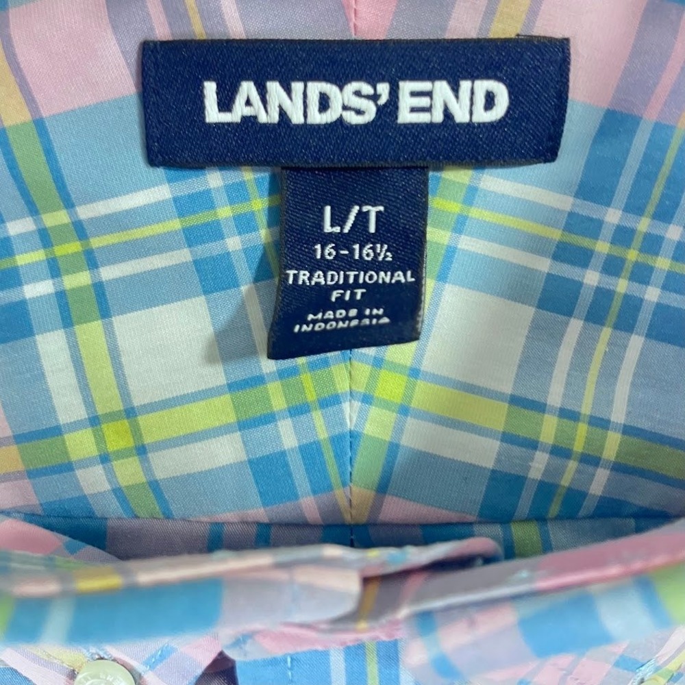 Lands End Mens Tall Large L/T Plaid Button Down Shirt Blue Pink Cotton Poplin - Picture 2 of 9